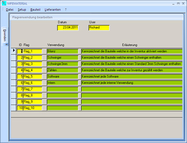 Software für Materialverwaltung, Bauteilverwaltung, Warenwirtschaft, Materialwirtschaft, Flags