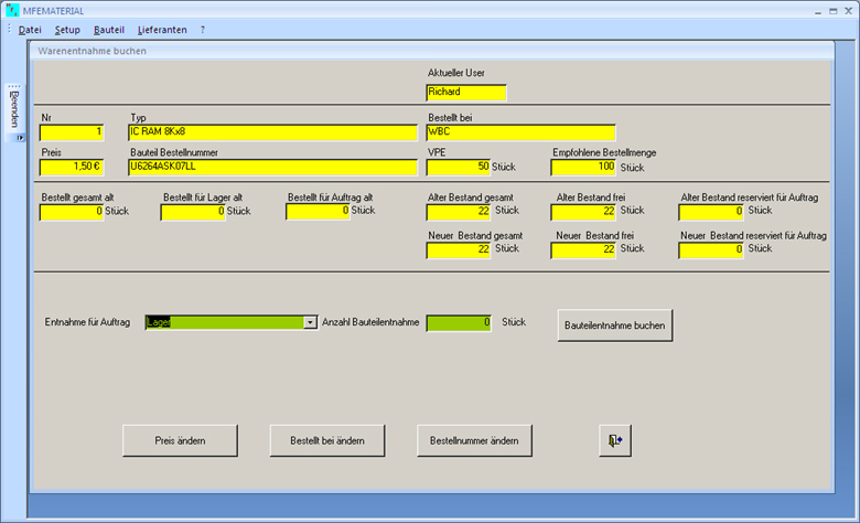 Software für Materialverwaltung, Bauteilverwaltung, Warenwirtschaft, Materialwirtschaft, Warenentnahme